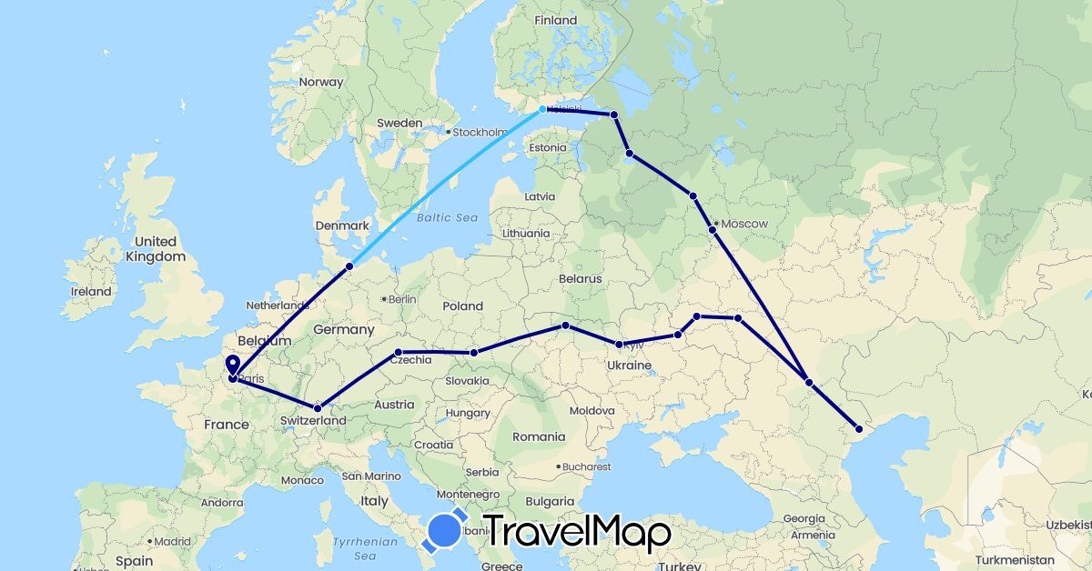TravelMap itinerary: driving, boat in Switzerland, Czech Republic, Germany, Finland, France, Poland, Russia, Ukraine (Europe)